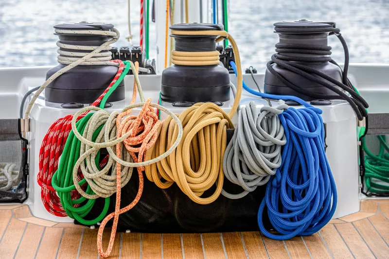 Serenissima III Yacht Photos Pics Colorful ropes on Fountaine Pajot Thira 80 yacht deck, 2025 model.