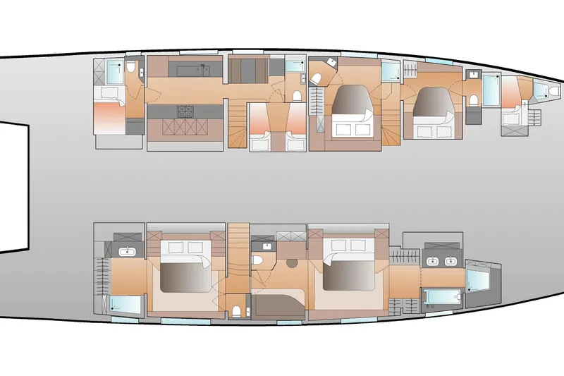 Serenissima III Yacht Photos Pics Floor plan of 2025 Fountaine Pajot Thira 80 luxury yacht, showcasing spacious cabins and amenities.