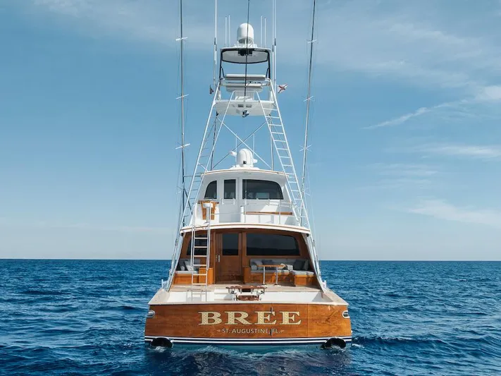 Bree Yacht Photos Pics Luxury Merritt 86' Enclosed Flybridge yacht on open sea, 2016 model.