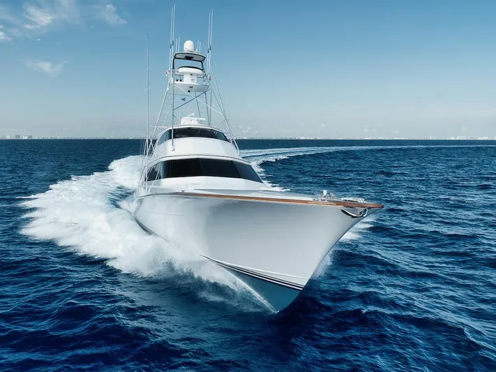 Bree Yacht Photos Pics Luxurious 2016 Merritt 86' Enclosed Flybridge yacht cruising on open sea.