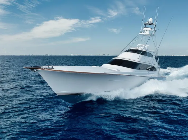 Bree Yacht Photos Pics Luxury Merritt 86' Enclosed Flybridge yacht cruising on open sea, 2016 model.