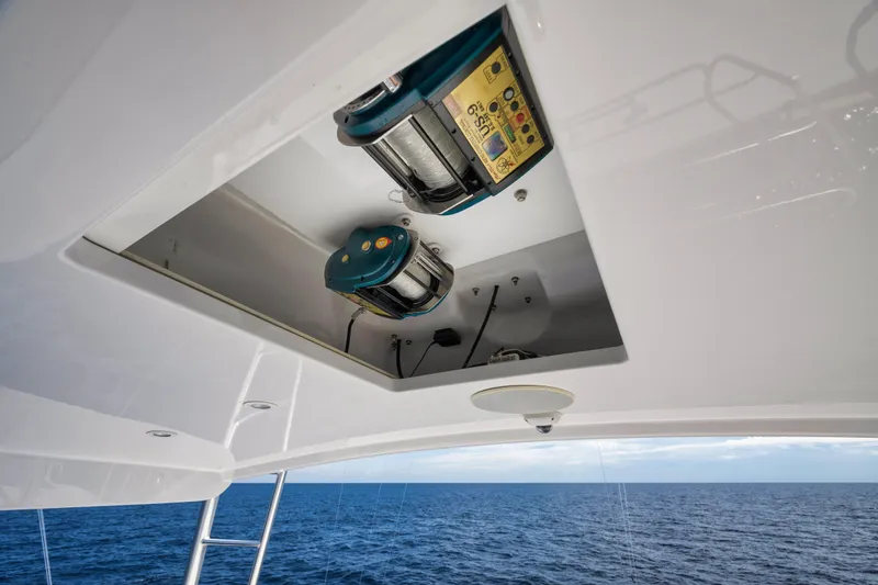 Bree Yacht Photos Pics Ceiling view of 2016 Merritt 86' Enclosed Flybridge yacht with ocean backdrop.