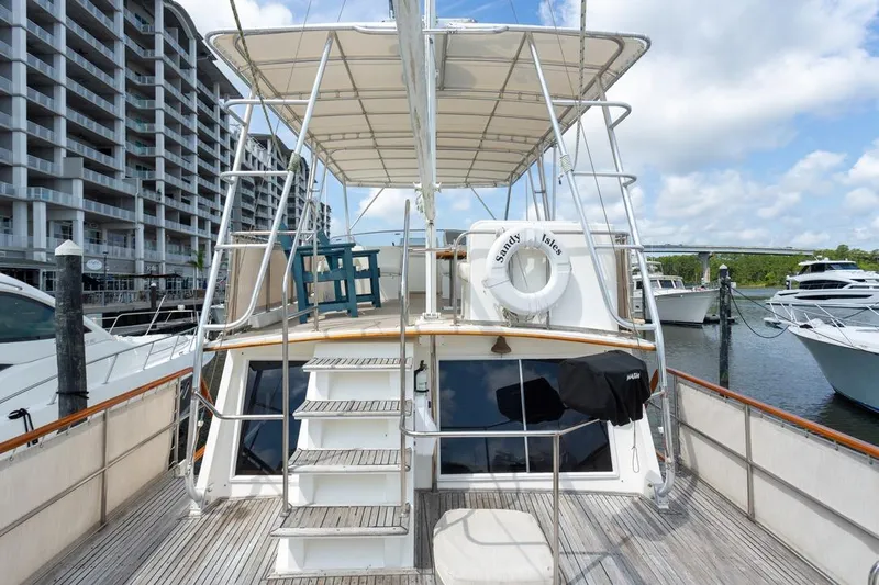 Sandy Isles Yacht Photos Pics 1993 Grand Banks 46 Motoryacht docked, featuring upper deck and marina view.