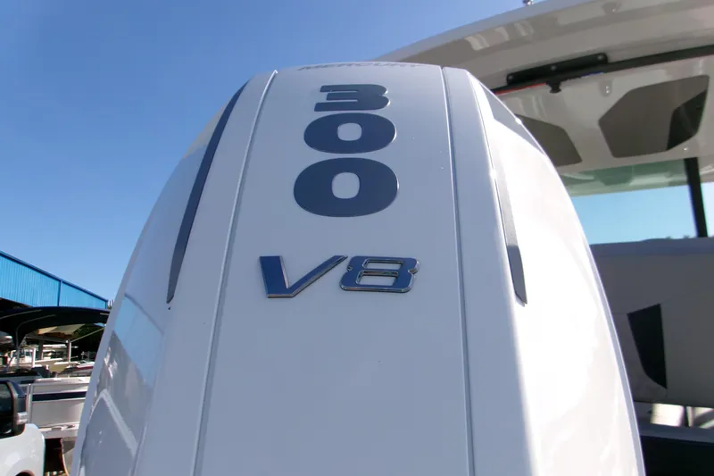  Yacht Photos Pics Outboard engine of 2026 Monterey Elite 25 OB with 300 V8 branding.