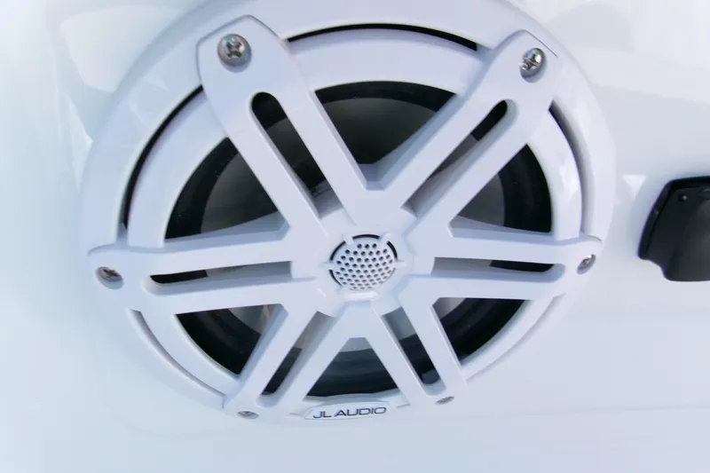  Yacht Photos Pics White JL Audio speaker on 2026 Monterey Elite 25 OB boat.