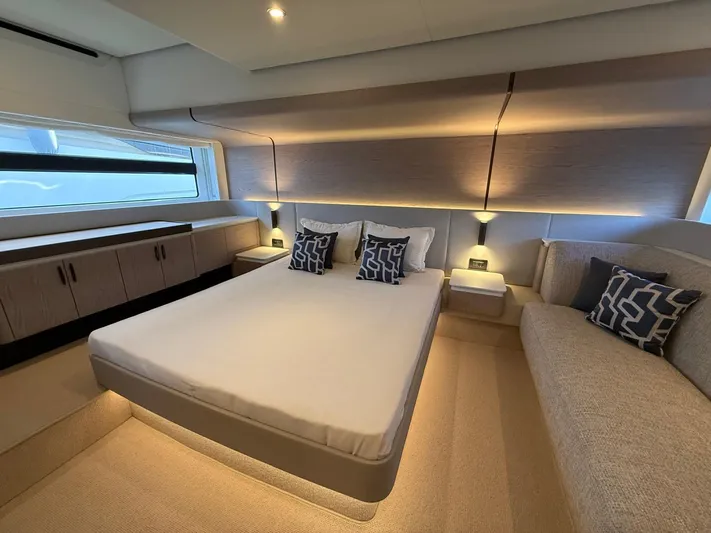  Yacht Photos Pics Luxurious bedroom interior of 2025 Azimut Fly 53 yacht with modern design.