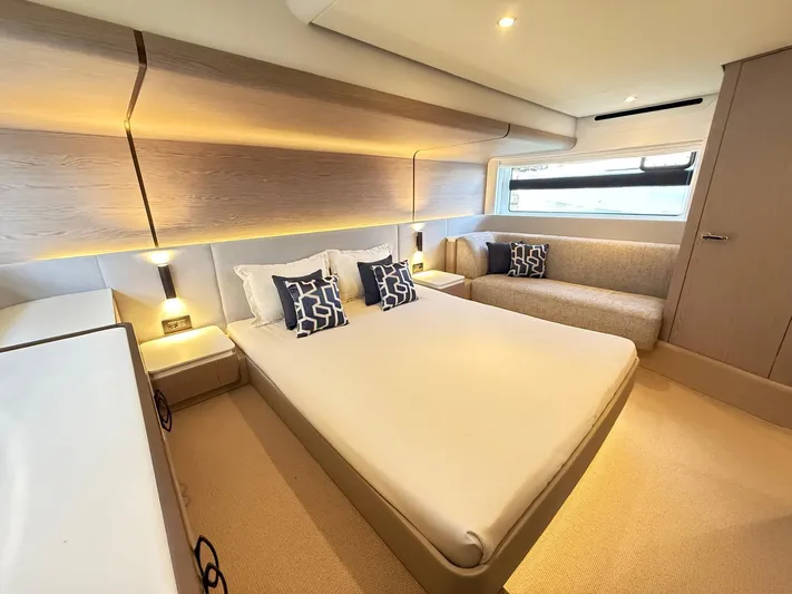  Yacht Photos Pics Luxurious bedroom interior of 2025 Azimut Fly 53 yacht with modern design and elegant furnishings.