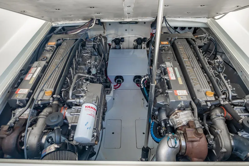 Reese Lee Yacht Photos Pics Engine compartment of 2003 Gamefisherman 34 Express with dual Yanmar engines.